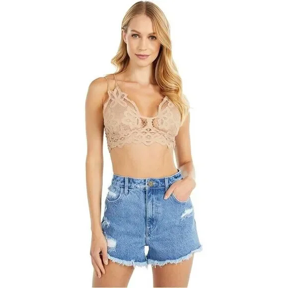 Free People Adella Bra Women Small Beige Lace Smocked Cross Back Bralette ERK808 - Picture 7 of 10